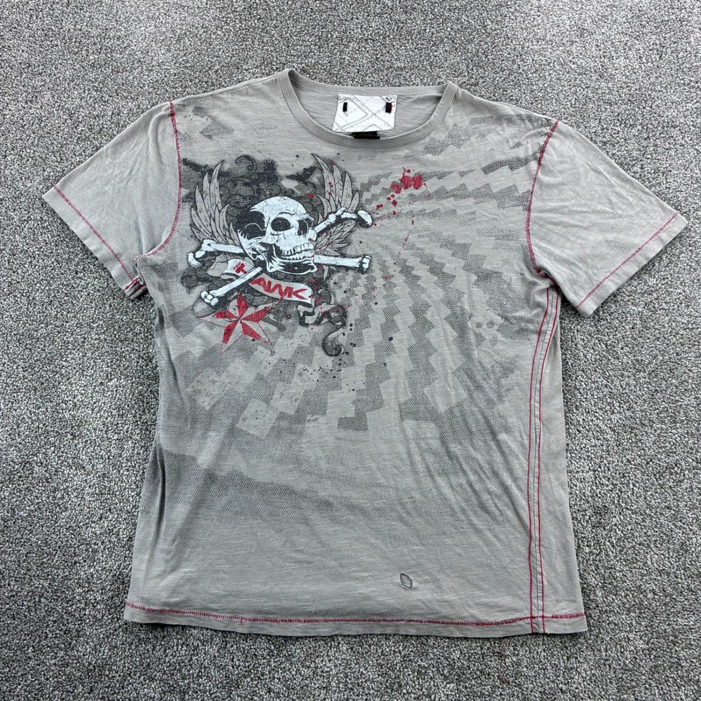 Vintage Y2K Tony Hawk‎ Shirt Mens XL Gray Cotton Skull Skater Grunge Distressed